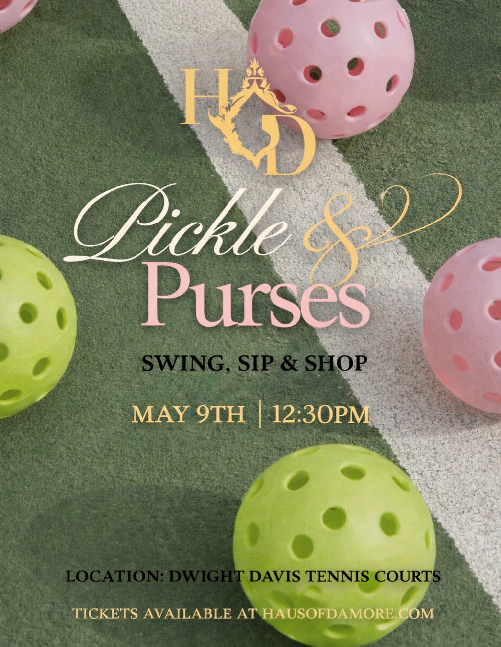 Promotional flyer for 'Pickle & Purses' event with pickleball balls and a logo.